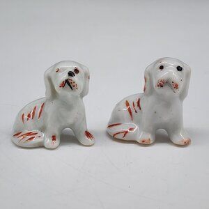 Vintage Ceramic Bulldog Dog Figurines With Red Accent Made In Japan